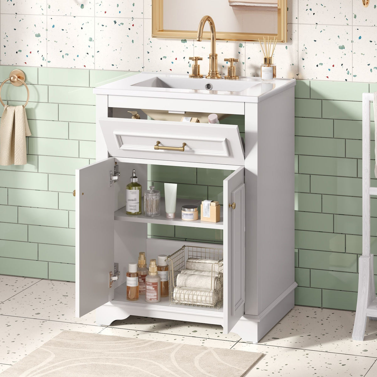 Bathroom Vanity with Integrated Sink and Storage Cabinet - Dark Green, Black, White