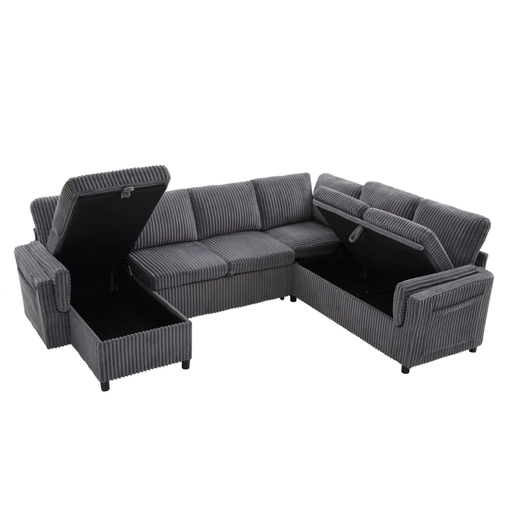 Convertible U-Shaped Sectional Sofa Bed with USB Ports and Storage – Black, Dark Gray, Blue
