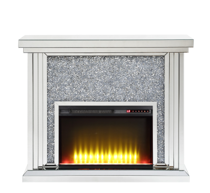 Mirrored Electric Fireplace with Faux Diamond Inlay - Silver