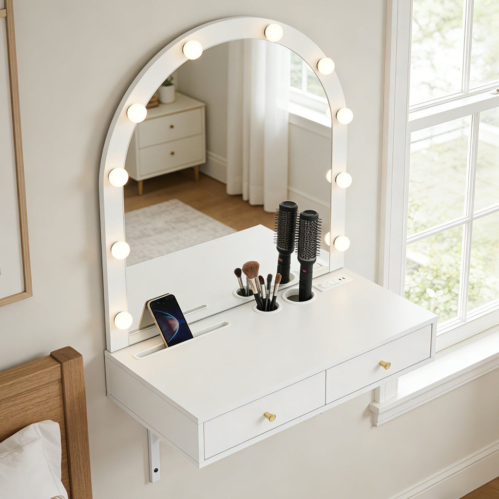 Floating Makeup Vanity Desk with 3-Color LED Mirror – Engineered Wood