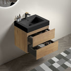 Natural Oak Bathroom Vanity with Floating Quartz Sink - Light Brown