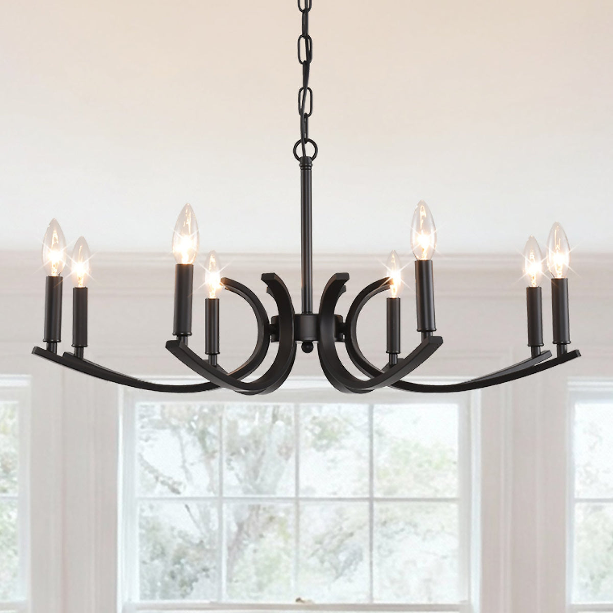 8-Light Farmhouse Chandelier with Adjustable Height - Black Metal