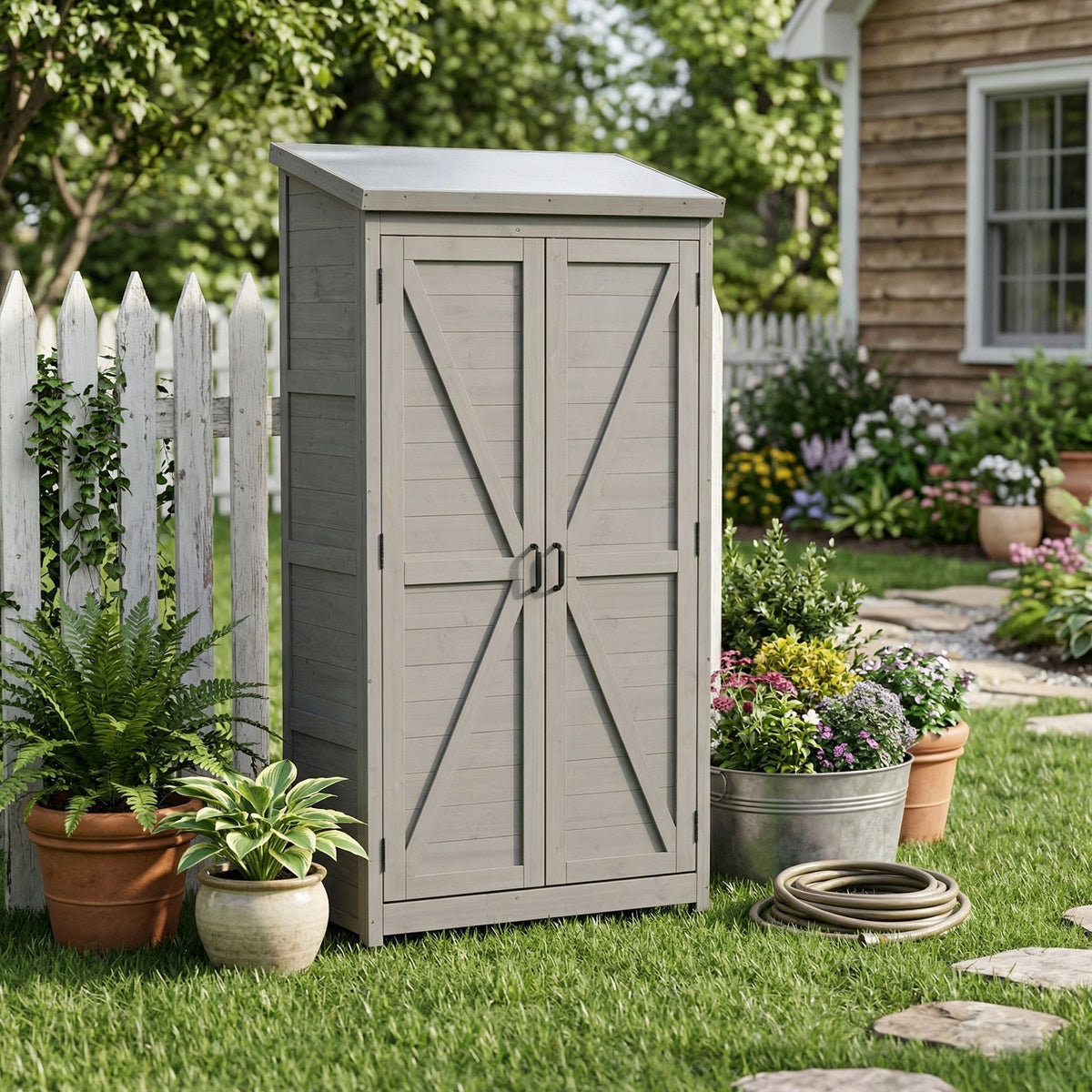 Outdoor Storage Shed with Vertical Tool Cabinet - Solid Wood, Dark Gray or Light Brown