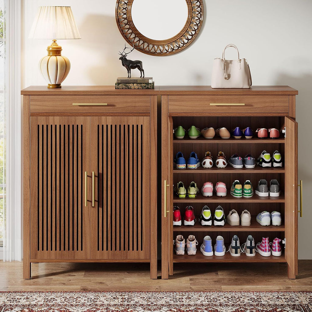 5 Tier Shoe Cabinet with Louvered Doors and Drawer - Brown