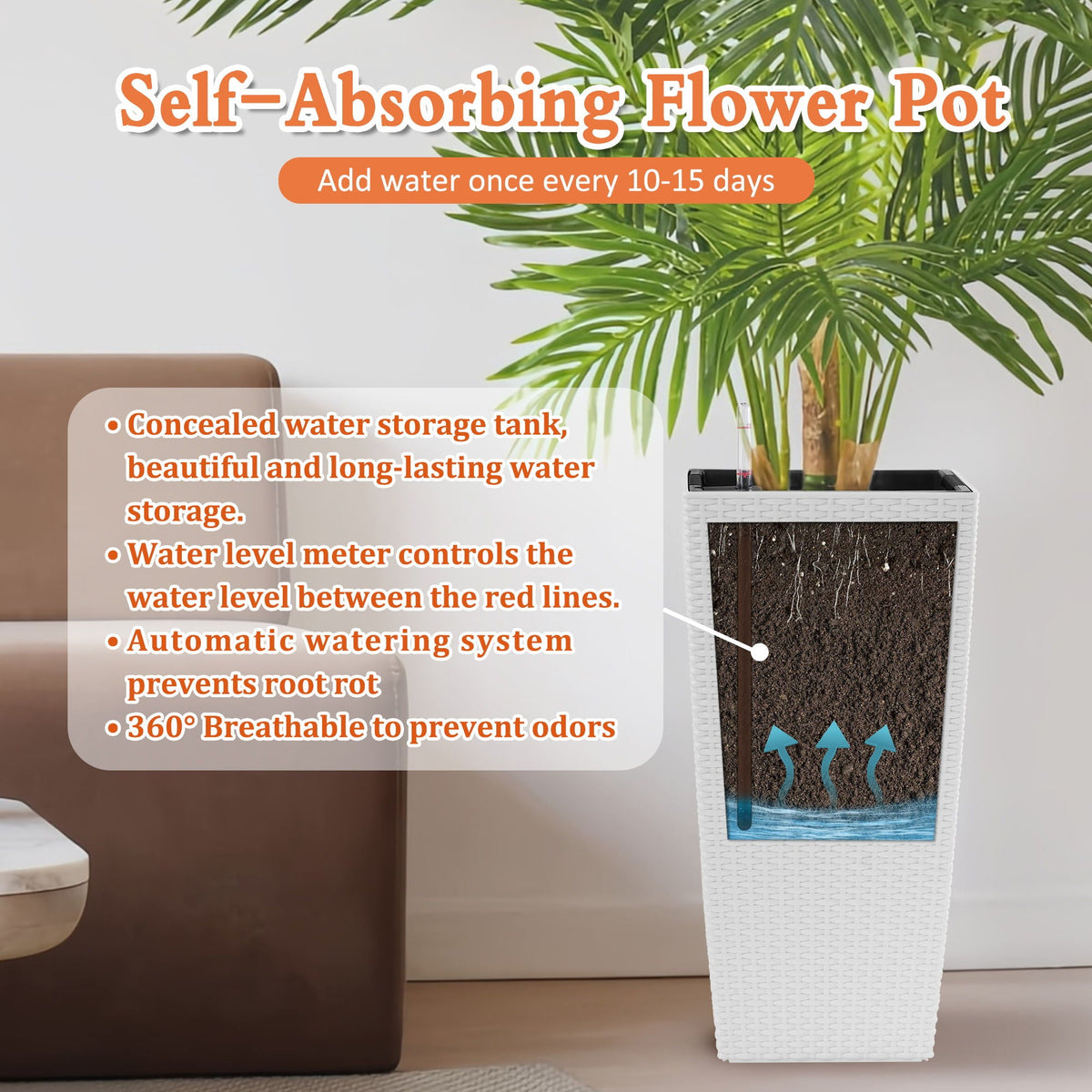 Indoor Outdoor Planter with Automatic Watering System - Dark Brown, Black, or White