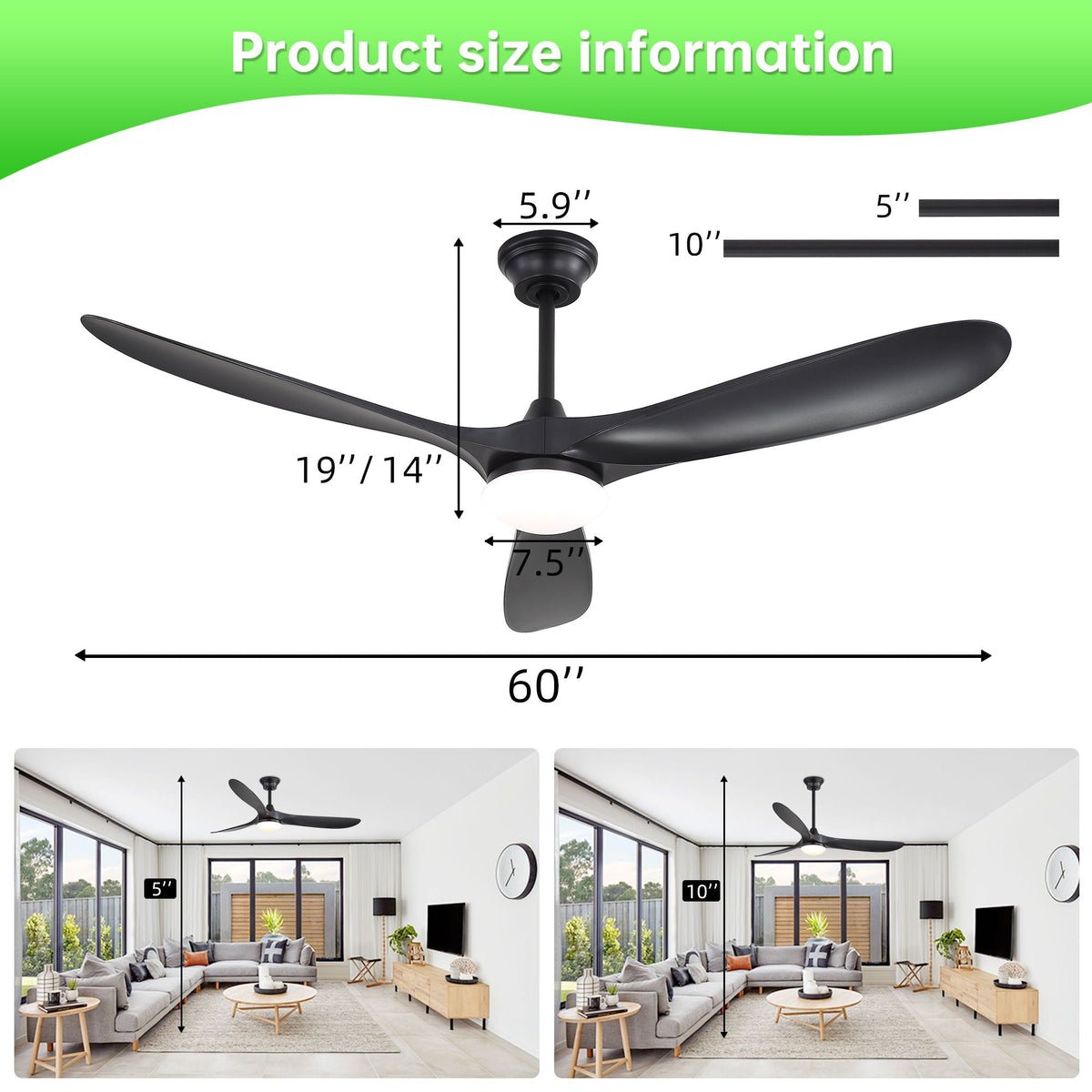 Smart Ceiling Fan with Lights and Quiet DC Motor - Light Brown, Black, or Dark Brown