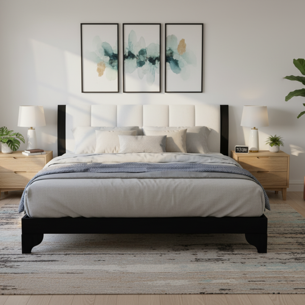 Queen Size Bed Frame with Upholstered Headboard - Black & White Pine