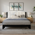 Queen Size Bed Frame with Upholstered Headboard - Black & White Pine