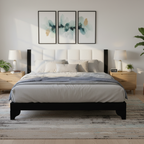Queen Size Bed Frame with Upholstered Headboard - Black & White Pine