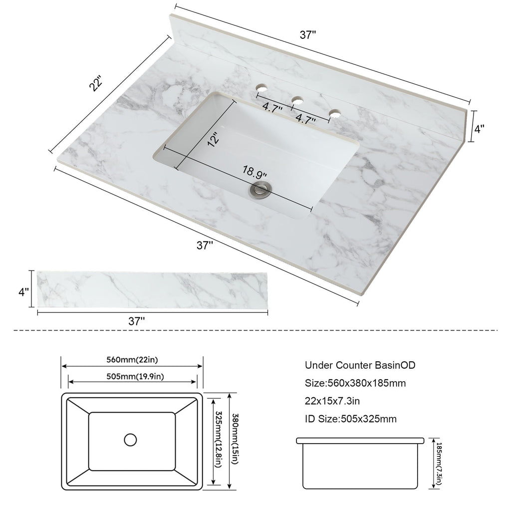 Elegant Sintered Stone Bathroom Vanity Top with Rectangular Undermount Ceramic Sink - White