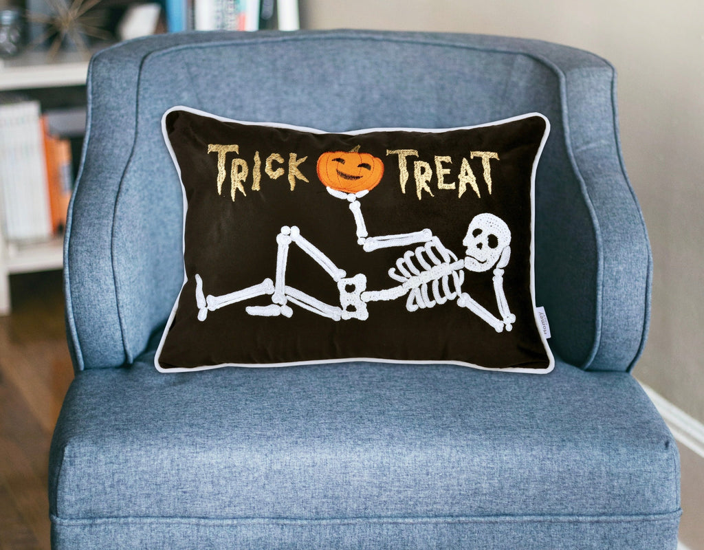 Embroidered Velvet Halloween Skeleton Lumbar Pillow with Skeleton Design - Black