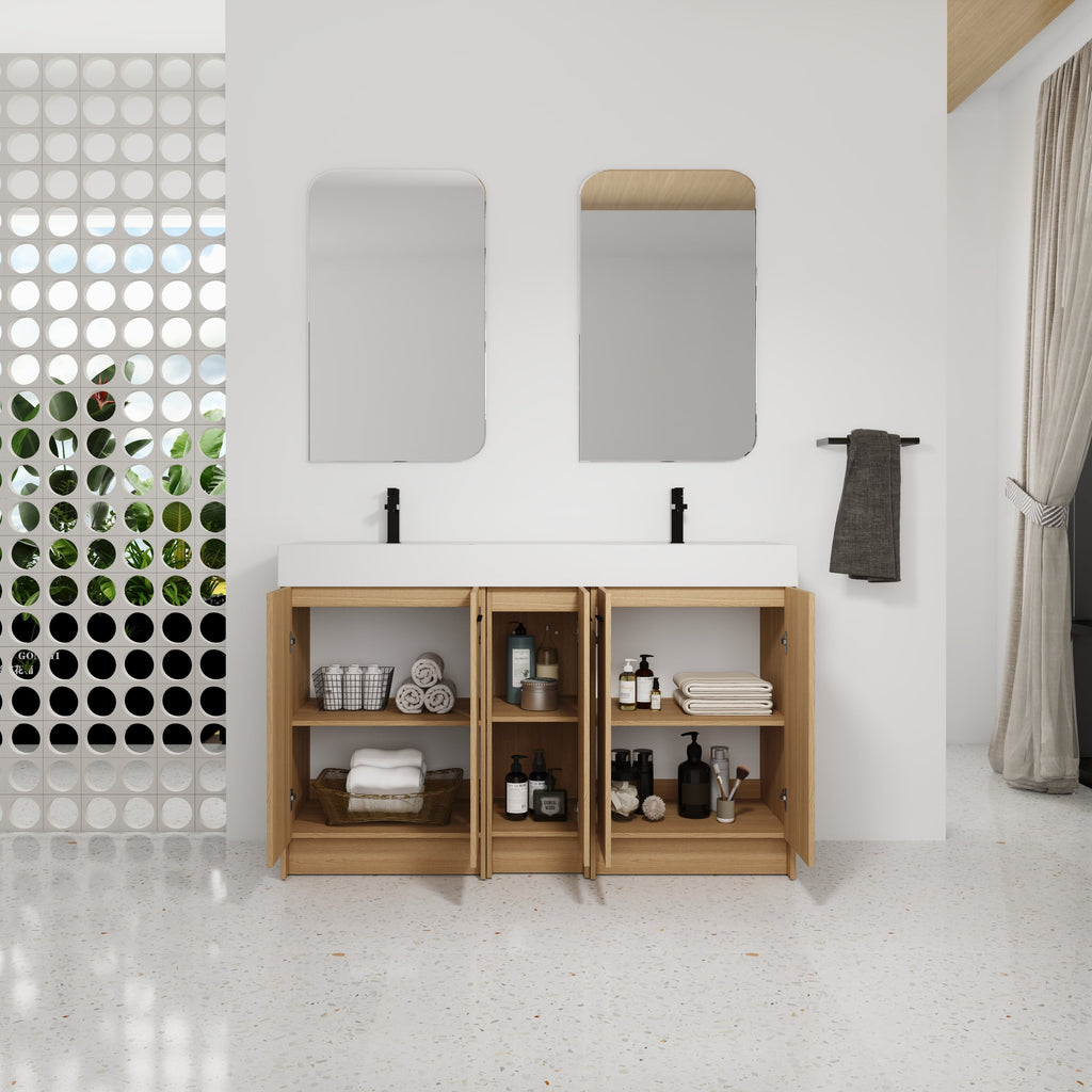 60" Double Sink Bathroom Vanity with Extra-Large Storage - Light Oak