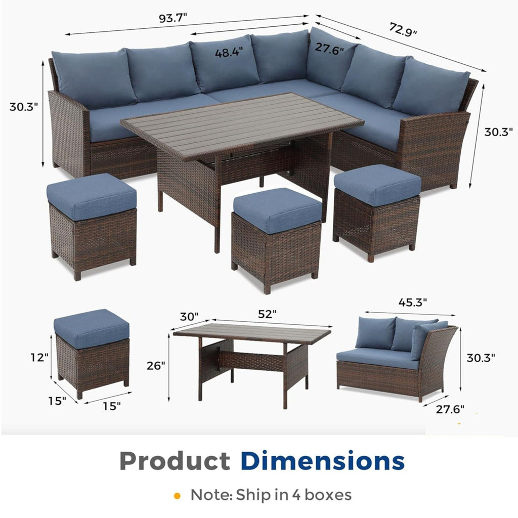 7 Piece Patio Dining Set with Cushions, Modular Sectional Sofa & Storage Table - Blue or Beige