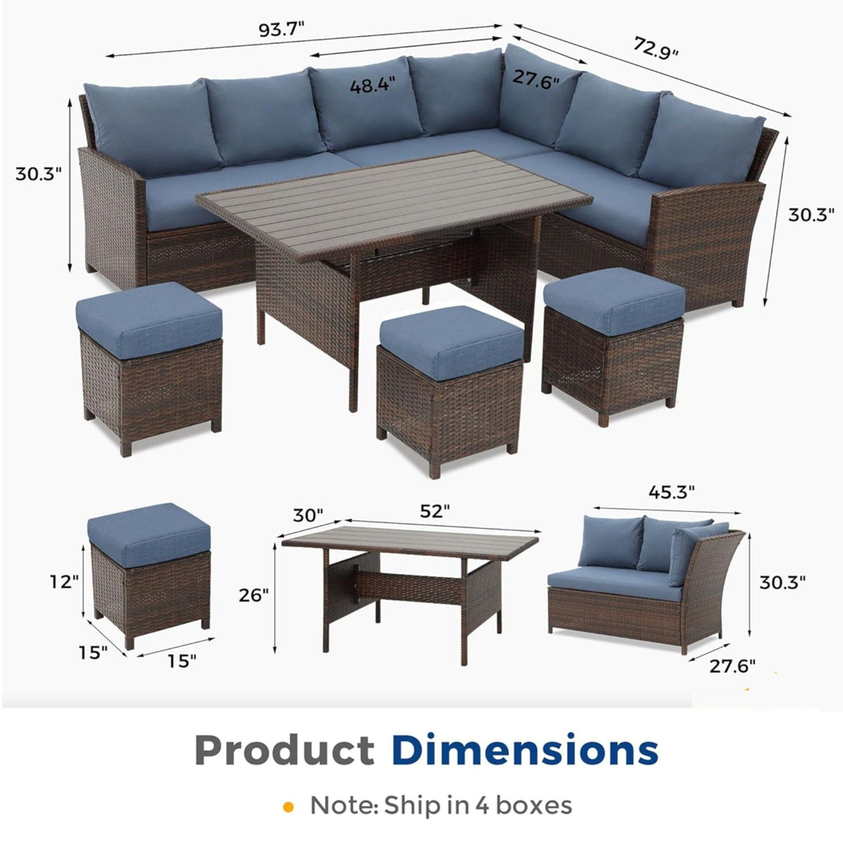 7 Piece Patio Dining Set with Cushions, Modular Sectional Sofa & Storage Table - Blue or Beige