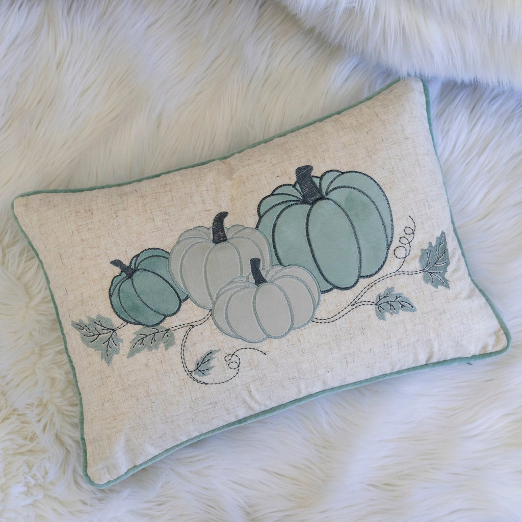 Pastel Harvest Lumbar Pillow with Embroidered Fall Accents – Misty Blue