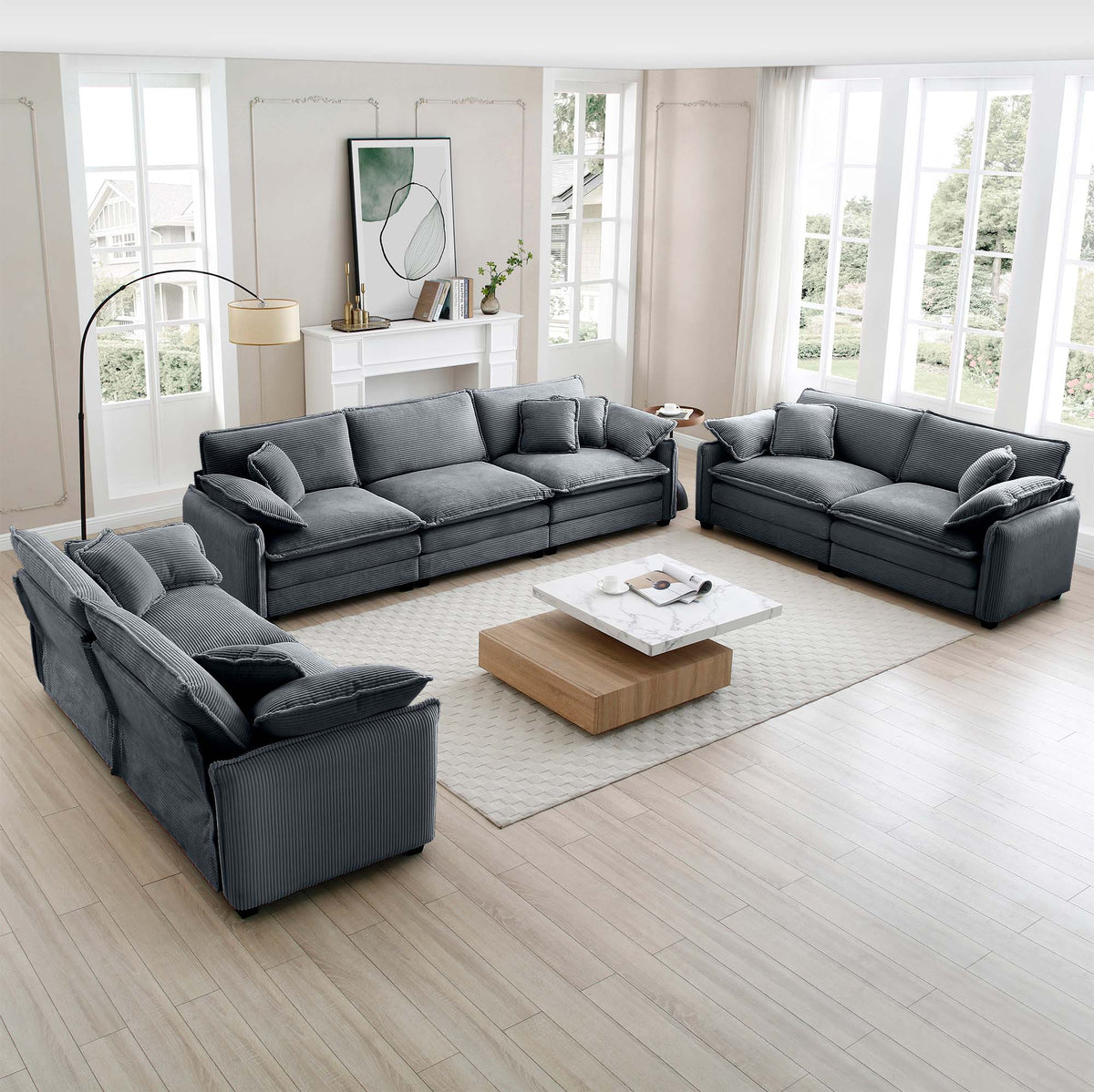 Modern Corduroy Sofa Set with Memory Foam Cushions - 3 Piece