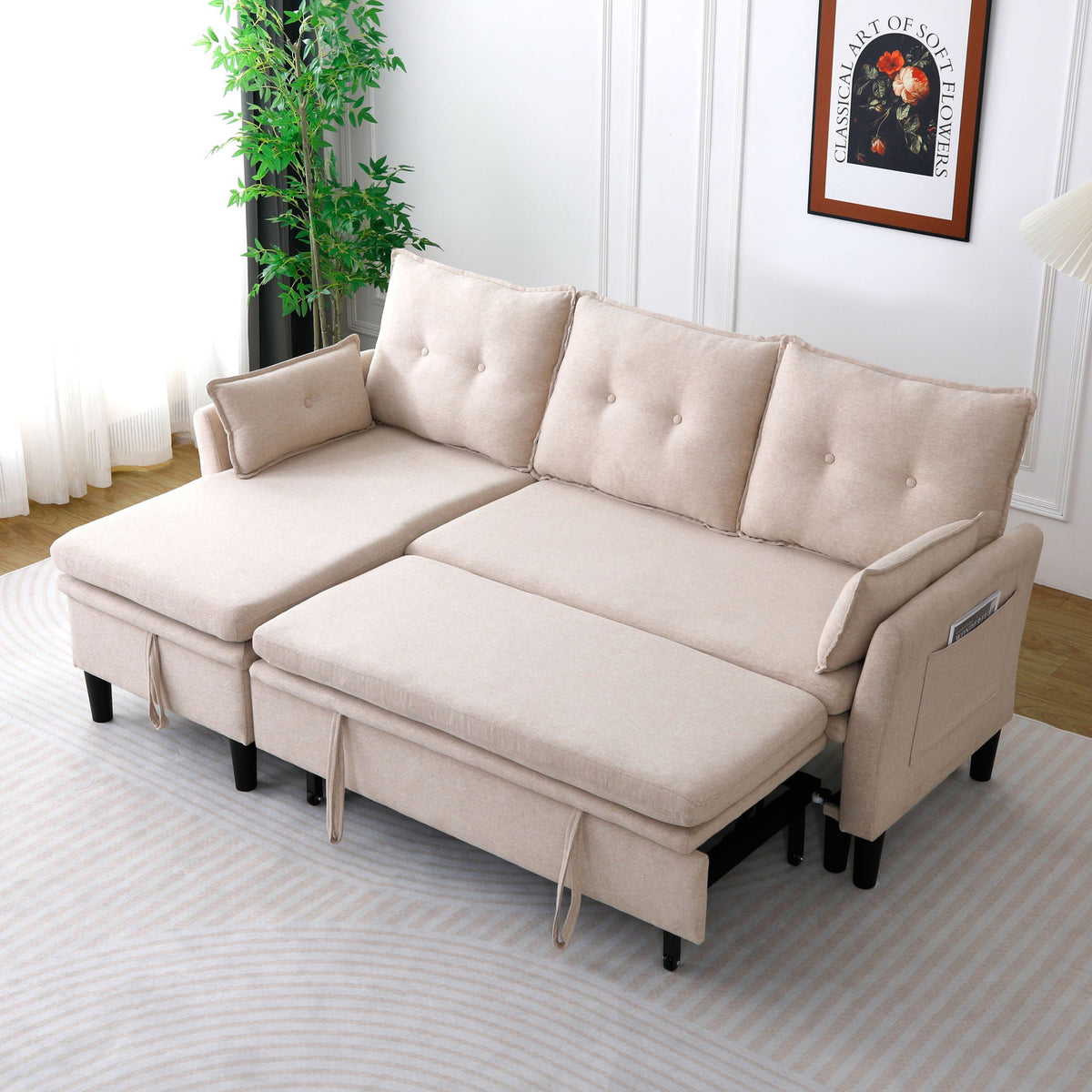 Reversible Chaise Sleeper Sectional Sofa with Storage - Cotton-Linen Upholstery
