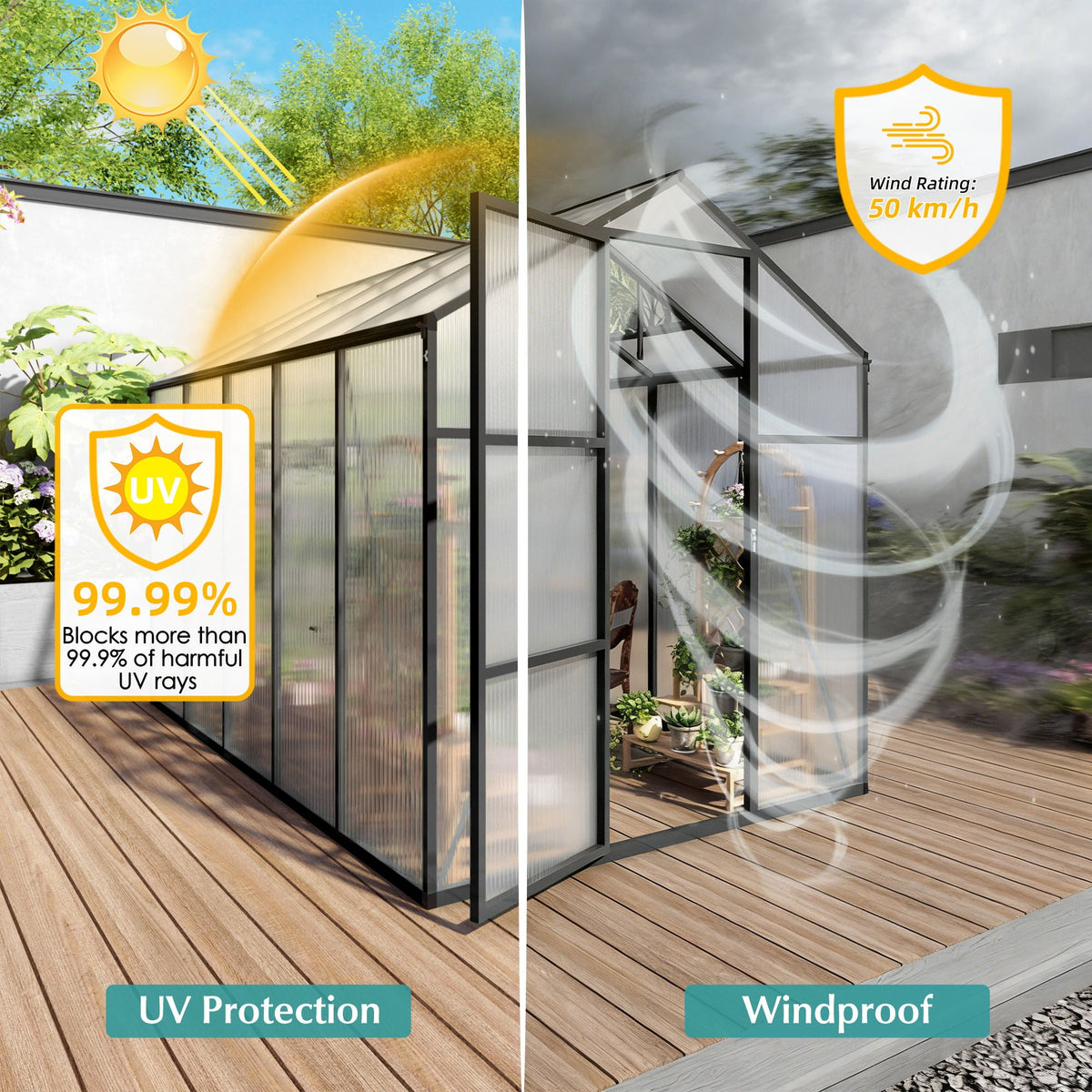 Windproof Greenhouse with Raised Base - Polycarbonate Panels - Black
