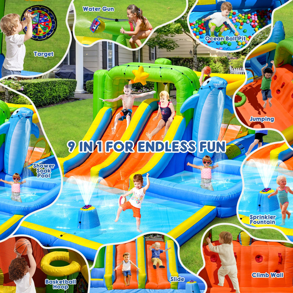 9-in-1 Inflatable Bounce House with Water Features - Multicolor