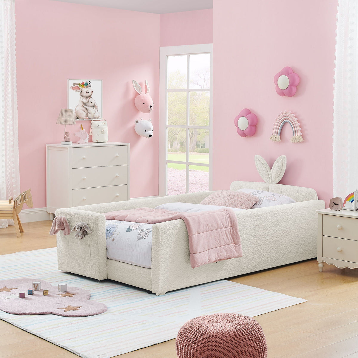 Cute Rabbit Ear Upholstered Platform Bed Frame with Safety Rail - Multiple Colors
