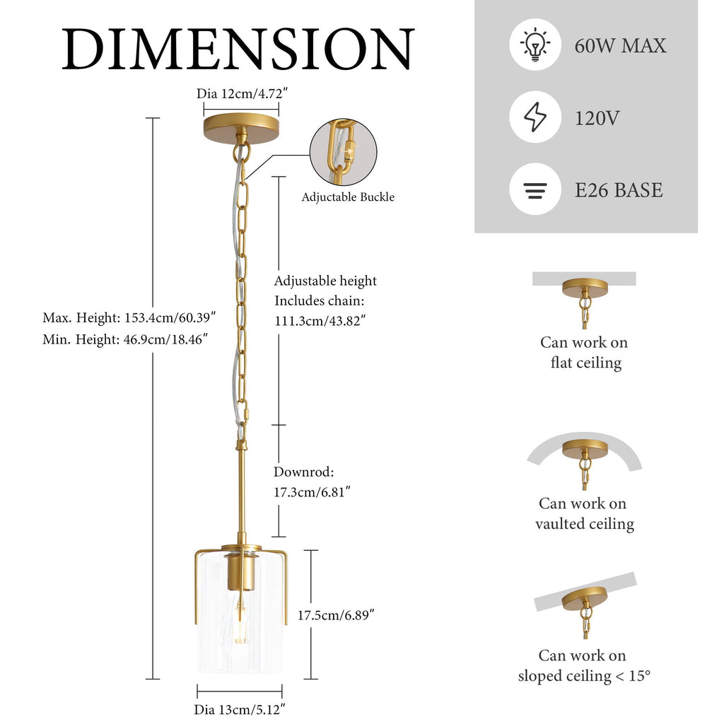 Adjustable Pendant Lighting with Clear Glass Shade - Black or Gold
