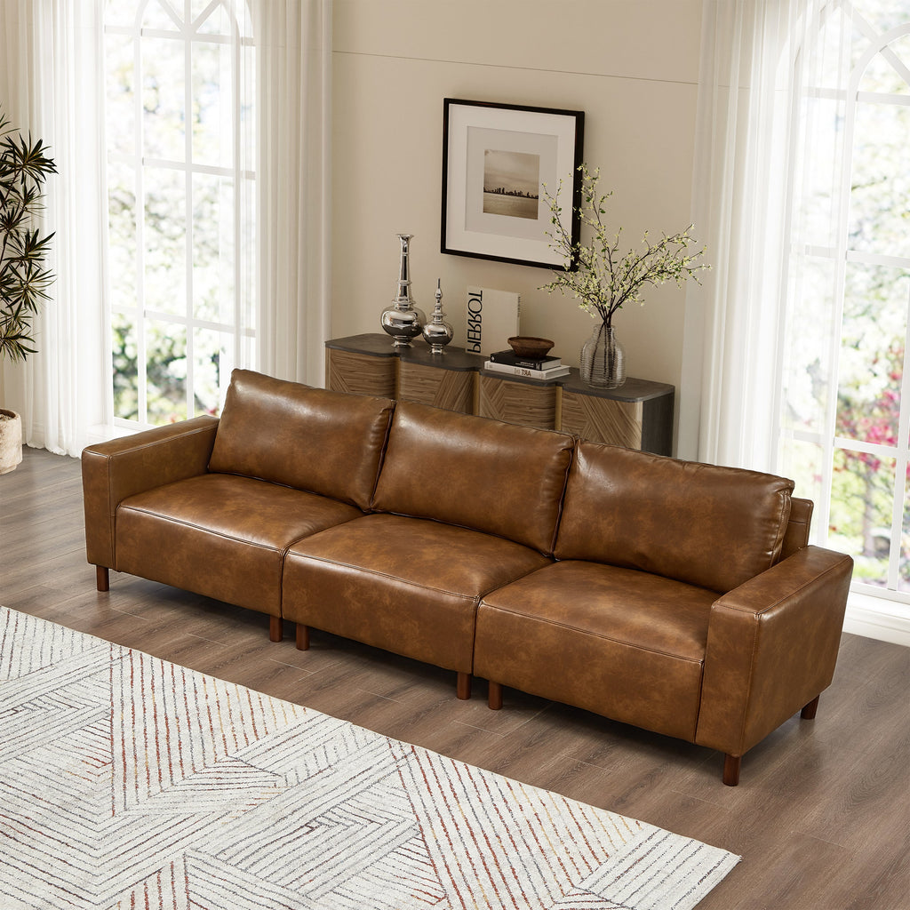 Luxury PU Leather Sofa 112" with Solid Wood Base - Brown
