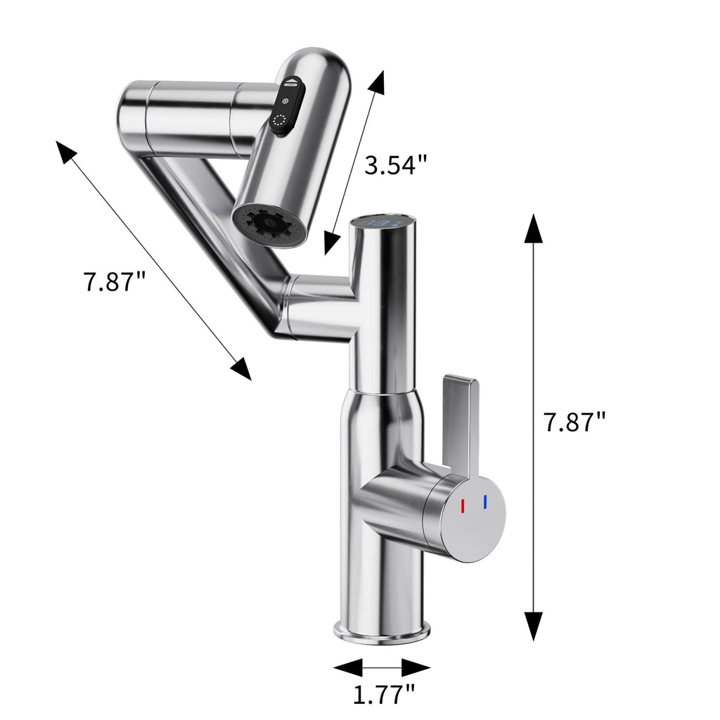 Bathroom Sink Faucet with Spray Function and Temperature Display - Black or Pearl Silver