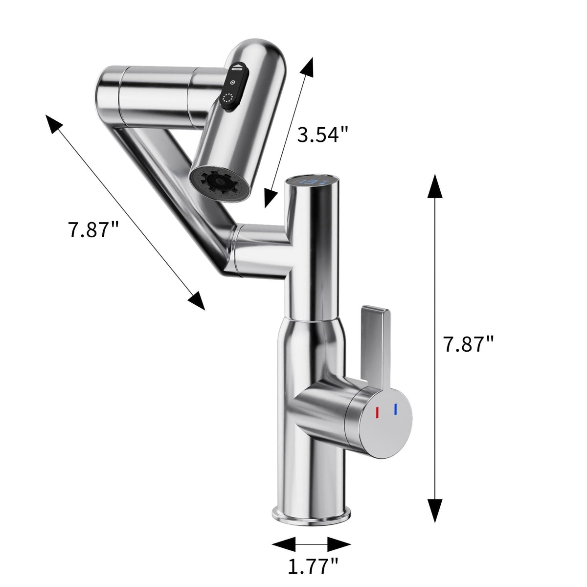 Bathroom Sink Faucet with Spray Function and Temperature Display - Black or Pearl Silver