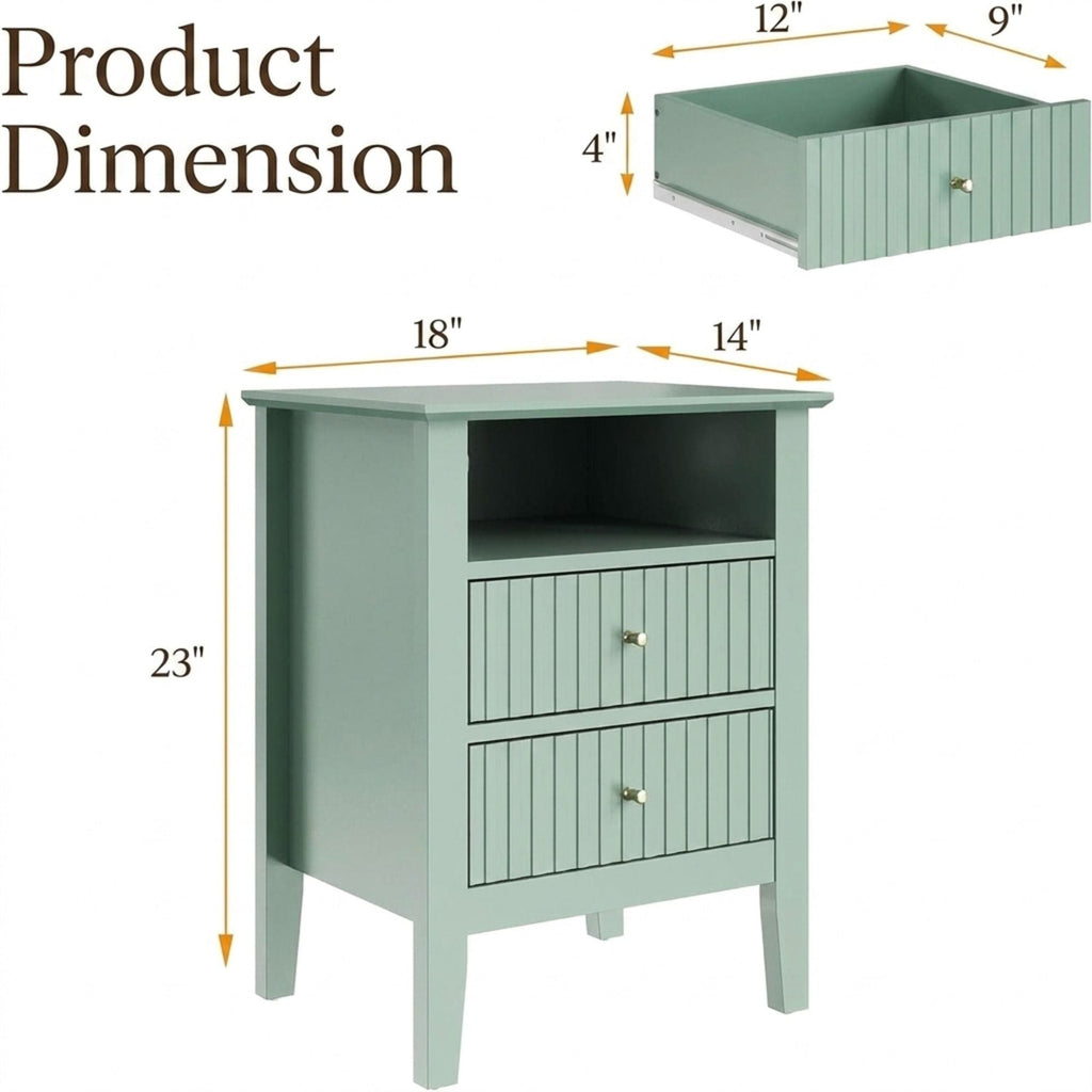 Fluted Nightstand with 2 Drawers and Soft-Close Slides - Multiple Colors