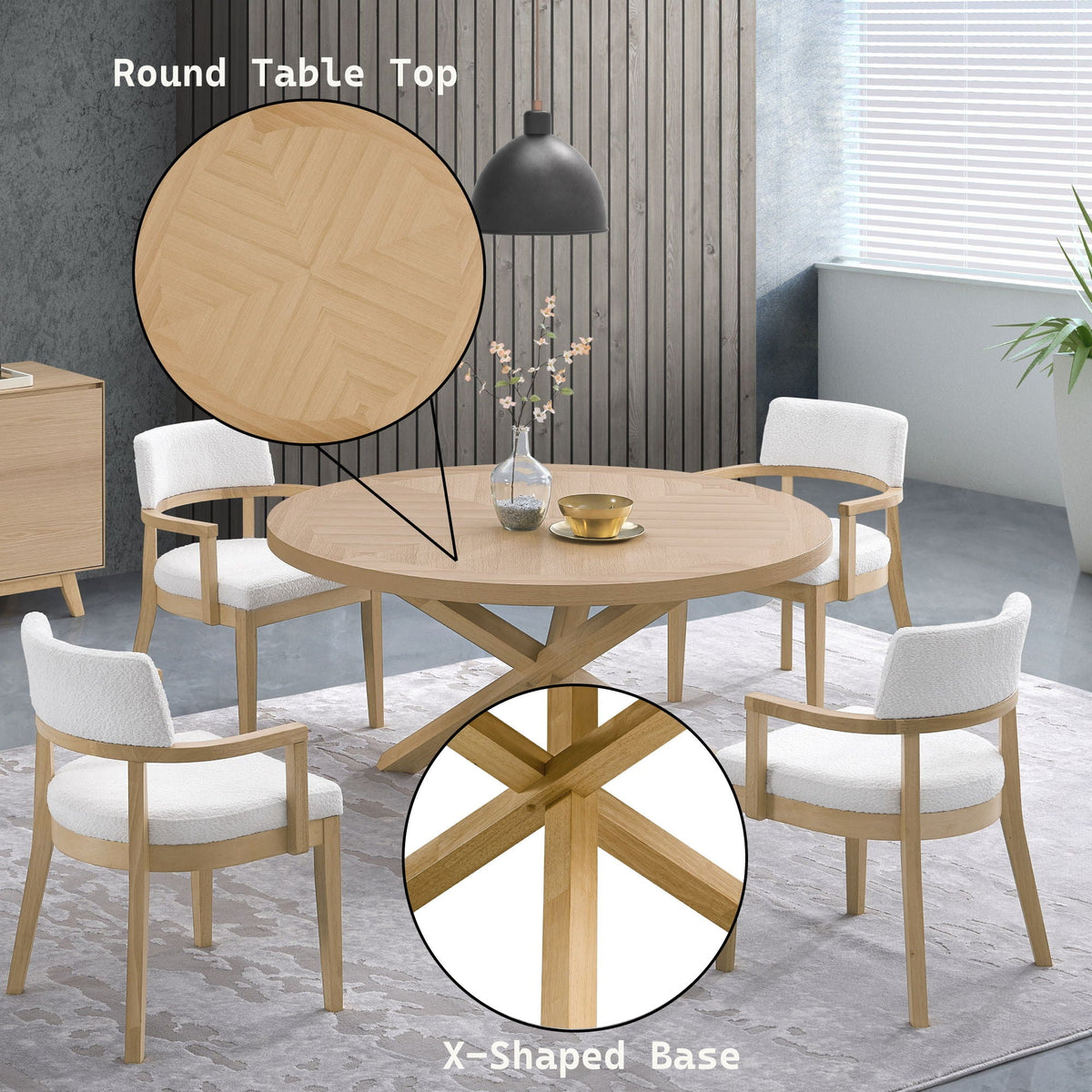 Light Brown 5 Piece Dining Room Set with Round Table and Matching Chairs