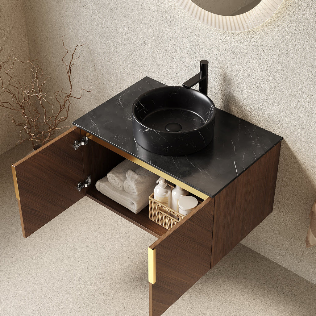 30" Wall-Mounted Bathroom Vanity with Ceramic Sink - Brown Oak