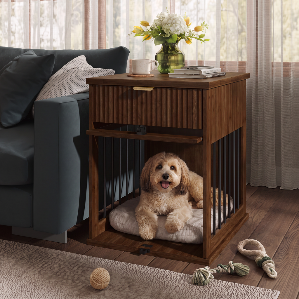 Dog Crate End Table with Charging Station and Storage - Oak/Tempered Glass