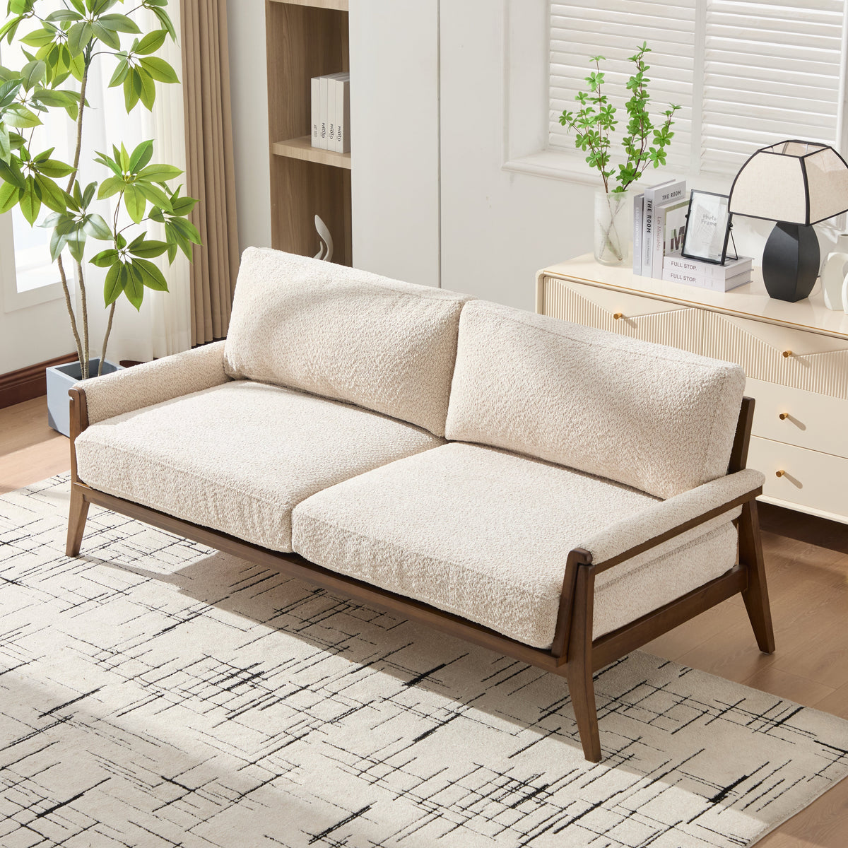 Mid-Century Modern Boucle Fabric Sofa with Solid Wood Frame