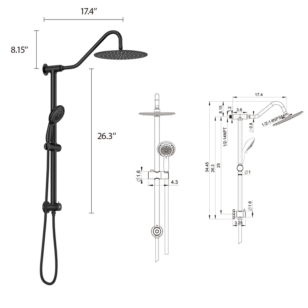 Shower System with 5 Function Rain Hand Shower and Slide Bar Combo - Pearl Silver, Gray, or Black