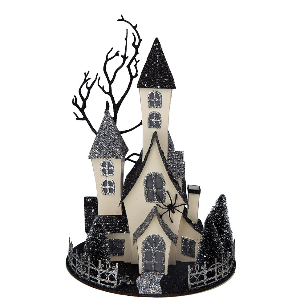 Cardboard Lighted Haunted House with Lights - Beige / Black