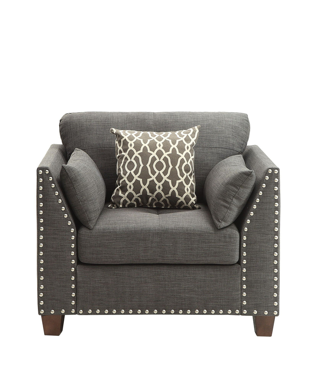 Light Charcoal Arm Chair with 3 Pillows and Nailhead Trim
