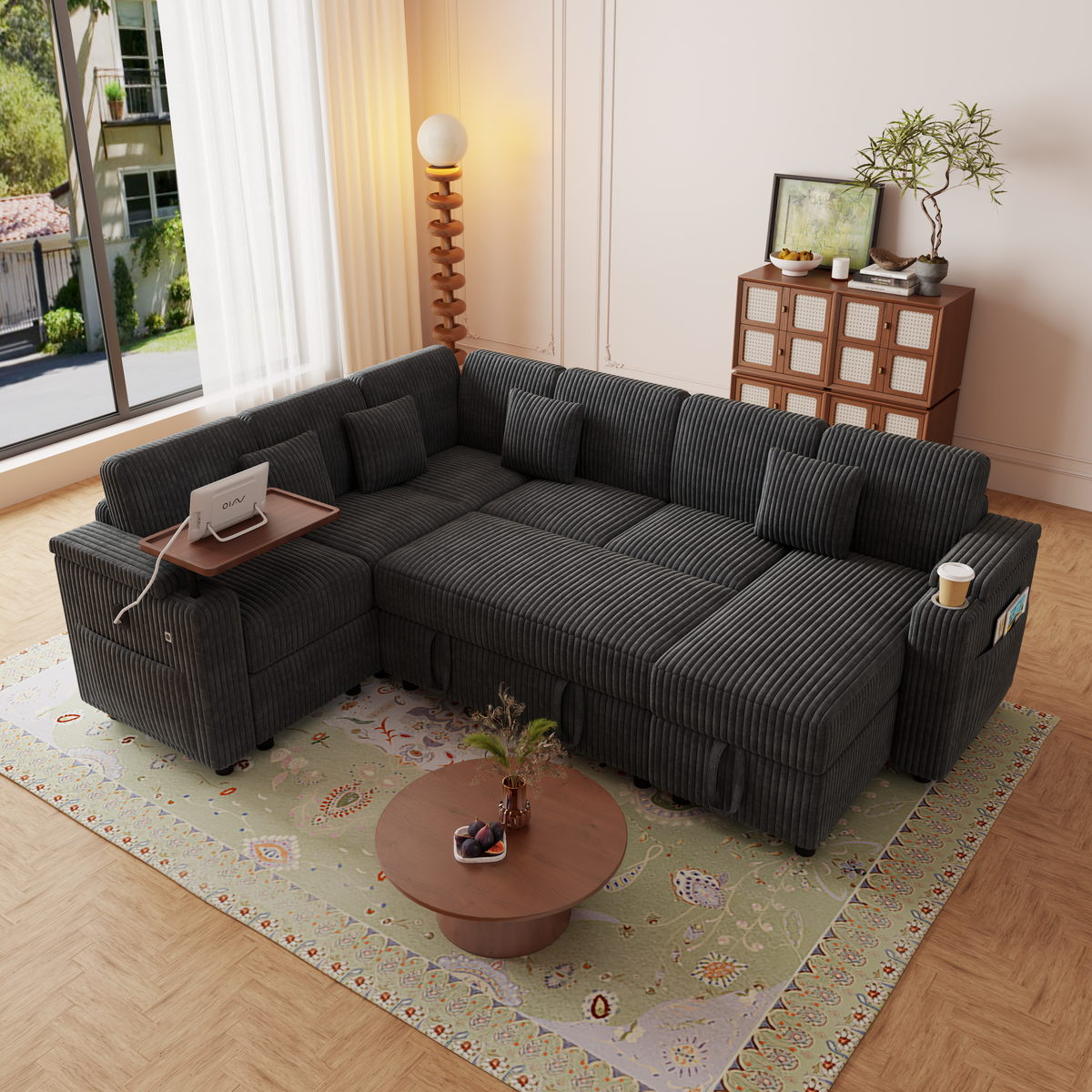 100-Inch Pull-Out Sofa with USB Ports and Cup Holder - Corduroy