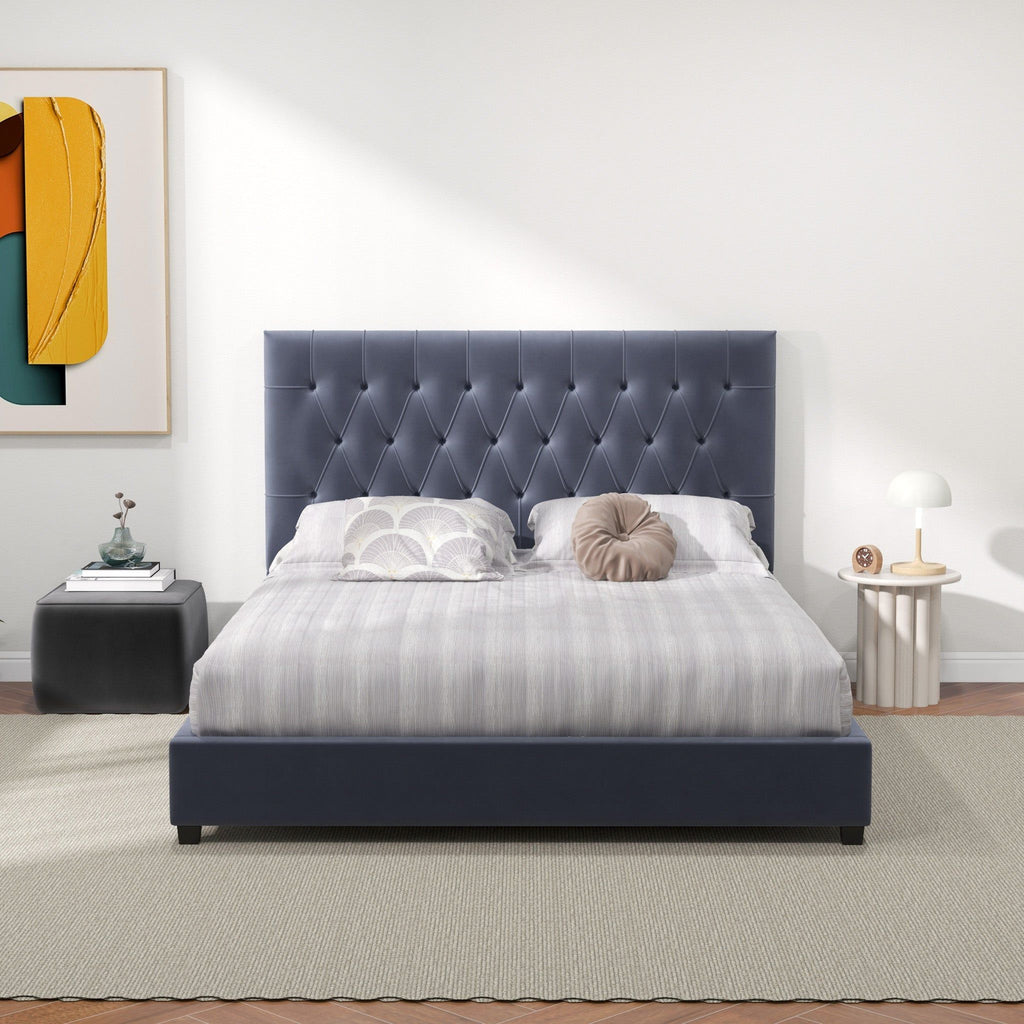 Dark Gray Mid-Century Modern Upholstered Platform Bed with Foam Headboard