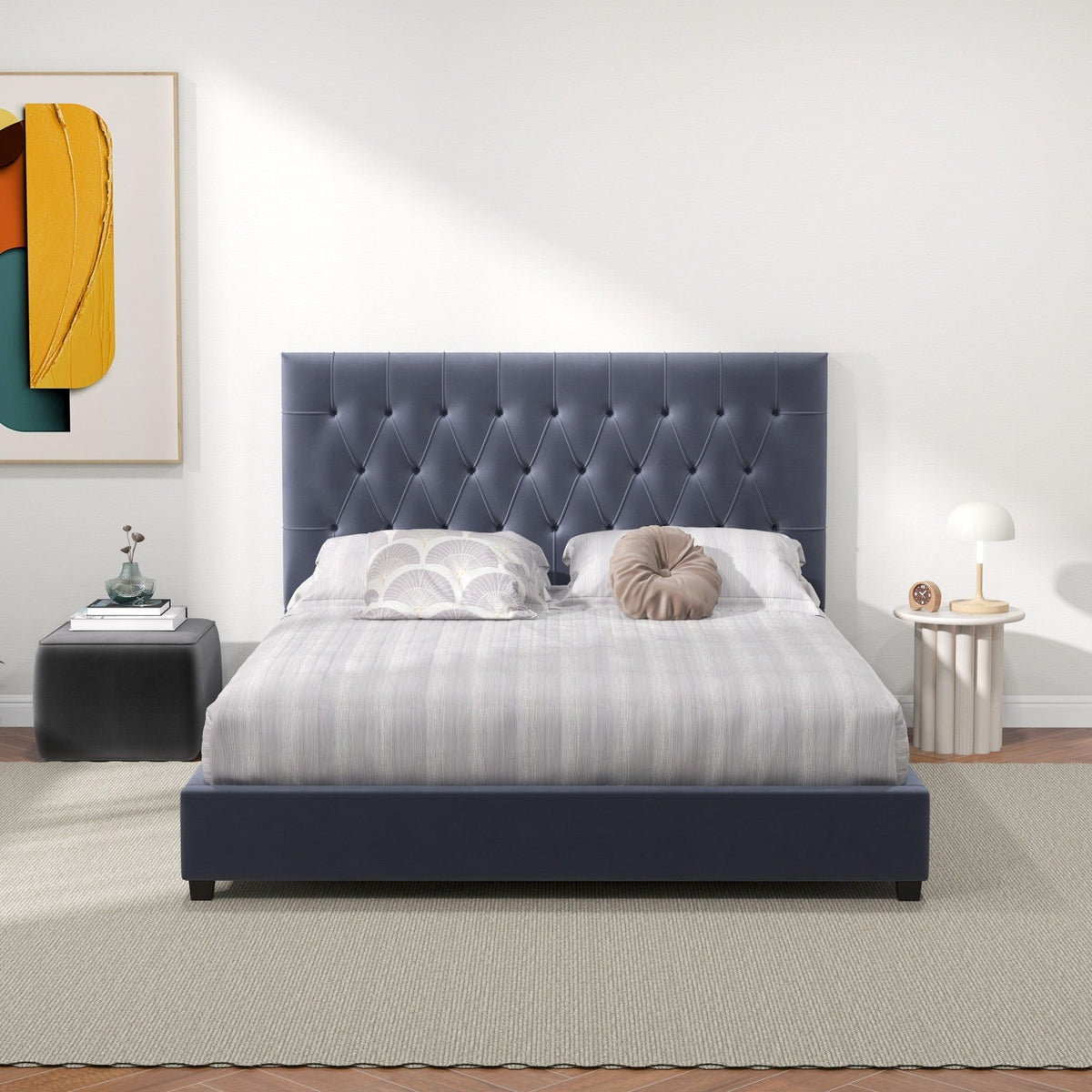 Dark Gray Mid-Century Modern Upholstered Platform Bed with Foam Headboard