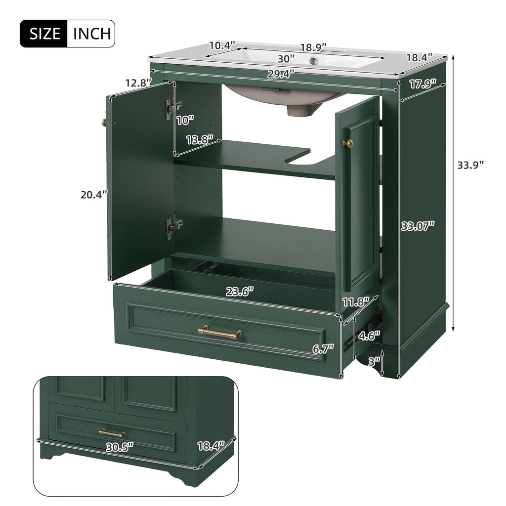 Bathroom Vanity with Sink and Adjustable Shelf - White, Green, Black
