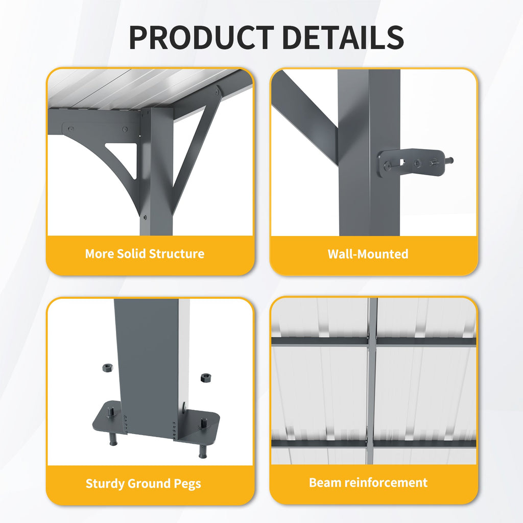 Galvanized Steel Lean-to Pergola with Wall Mount - 12' x 8'
