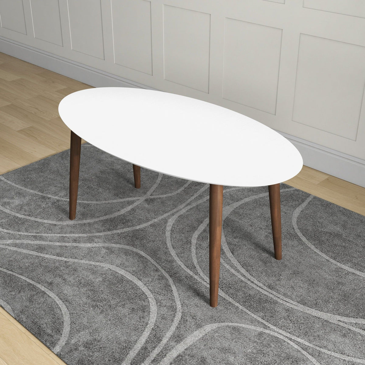 Mid-Century Modern Oval Dining Table with Solid Wood Construction - White