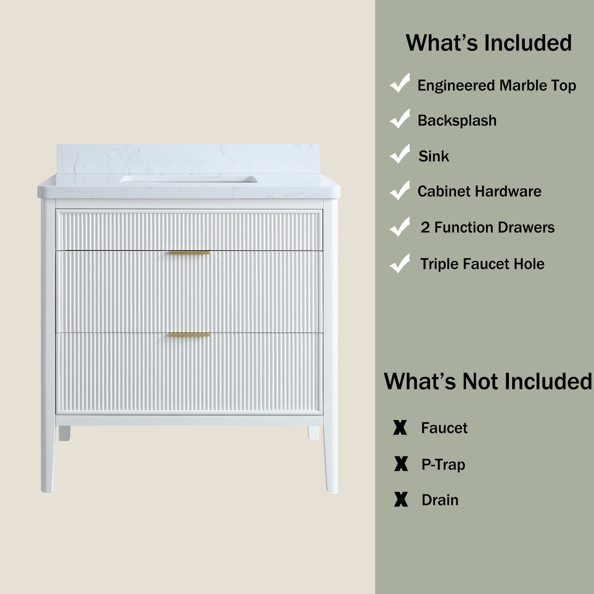 Fully Assembled 36'' Bathroom Vanity with Carrara Stone Top - White