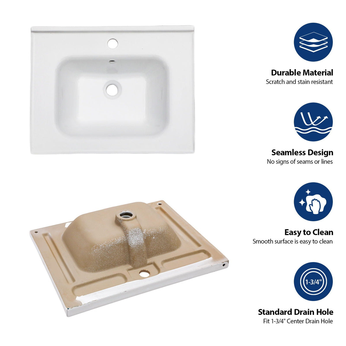 Rectangular Single Vanity Top with Overflow - White Ceramic