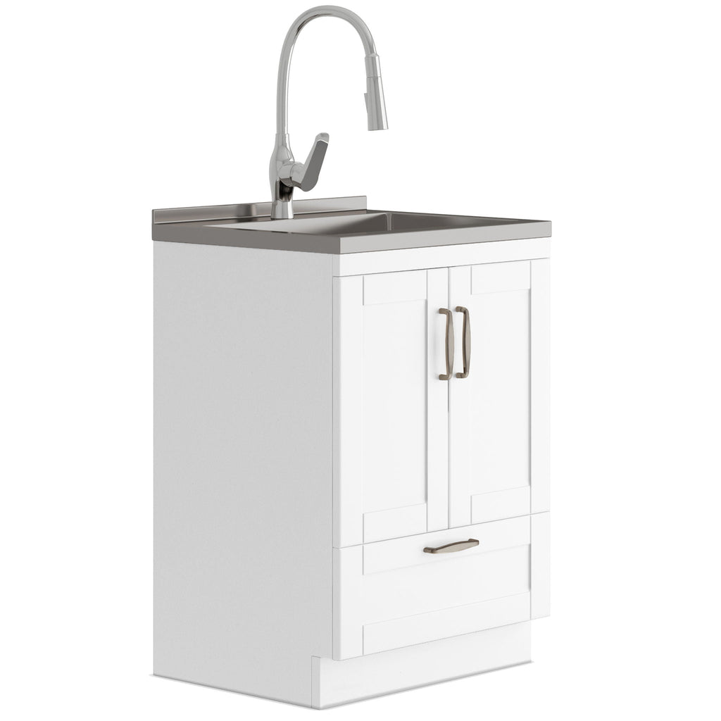 Deluxe Laundry Cabinet with Pull-Out Faucet and Stainless Steel Sink - White