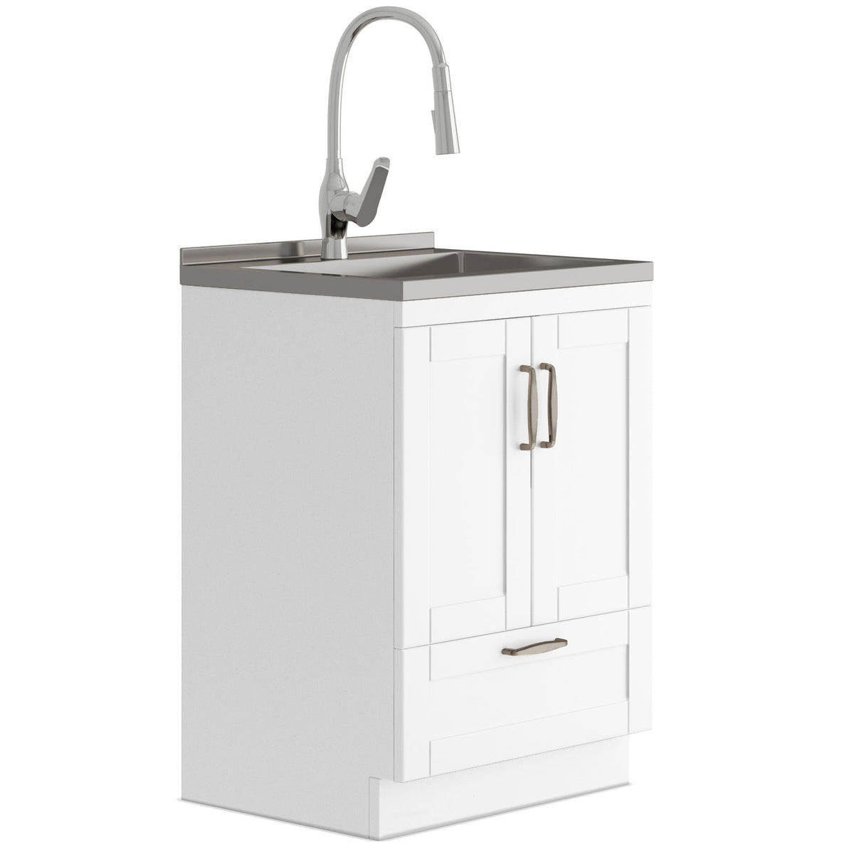 Deluxe Laundry Cabinet with Pull-Out Faucet and Stainless Steel Sink - White