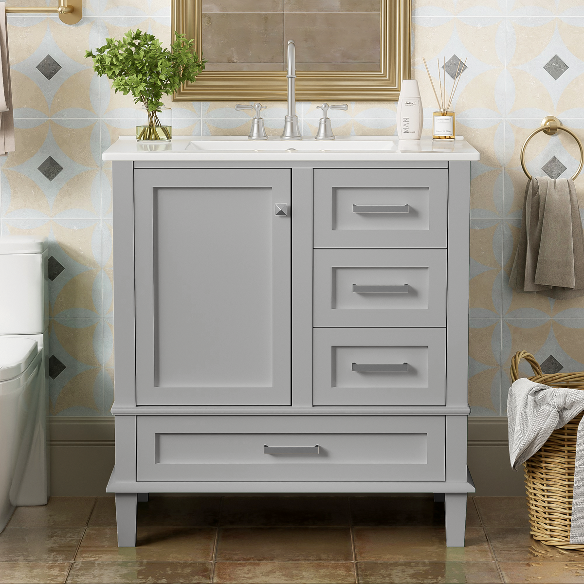 30" Bathroom Vanity with Sink Combo Set with Solid Wood Frame - Grey