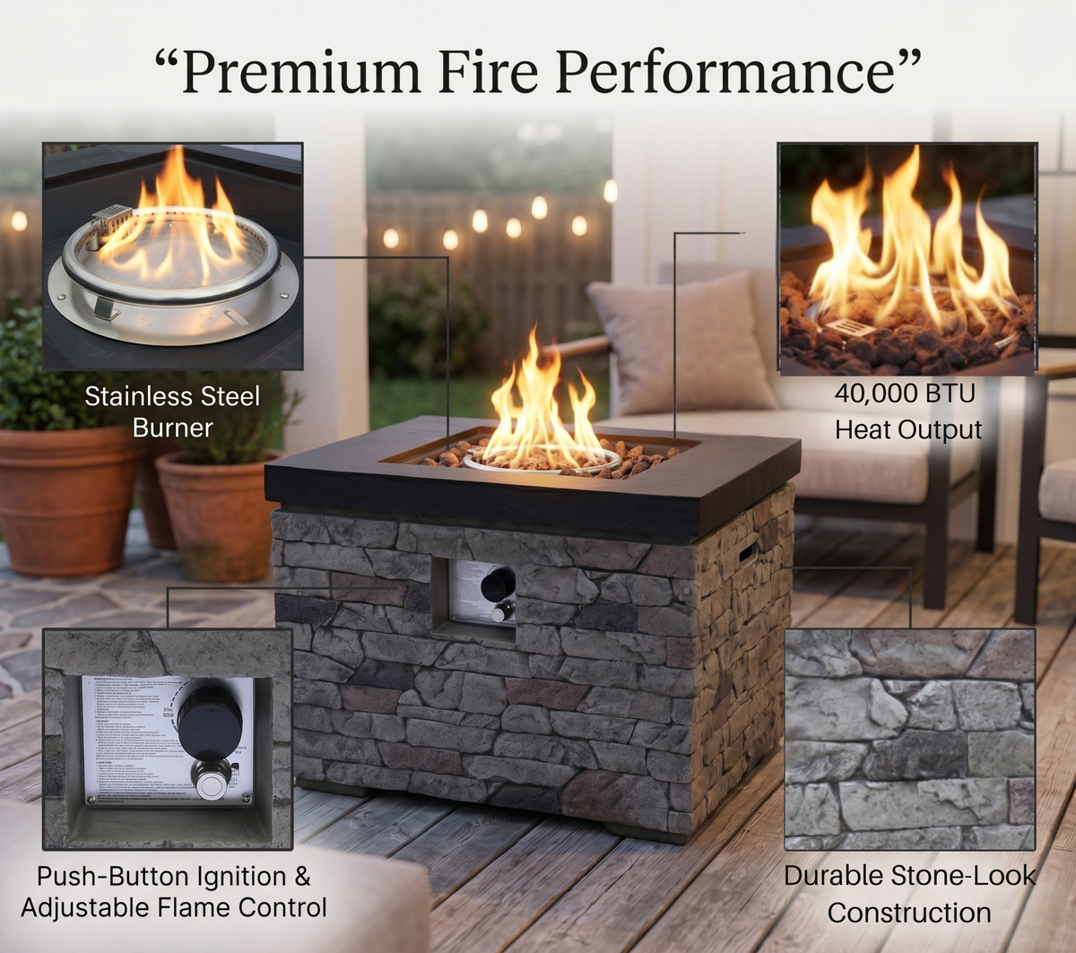 32-Inch Outdoor Fire Pit Table with Lava Rocks - Black Stone Look