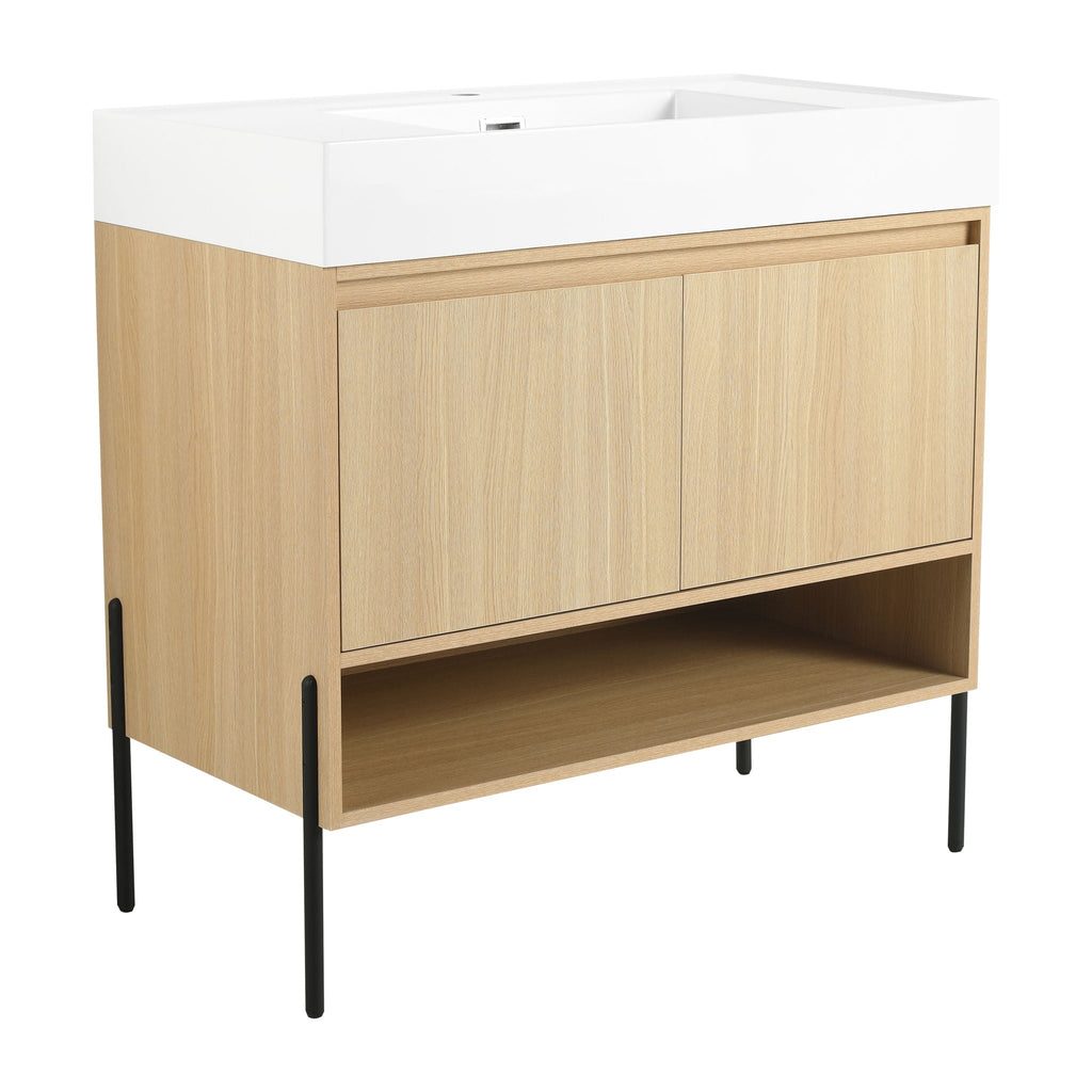 Modern Bathroom Vanity Combo with Single Resin Sink and Storage Cabinet - Light Brown
