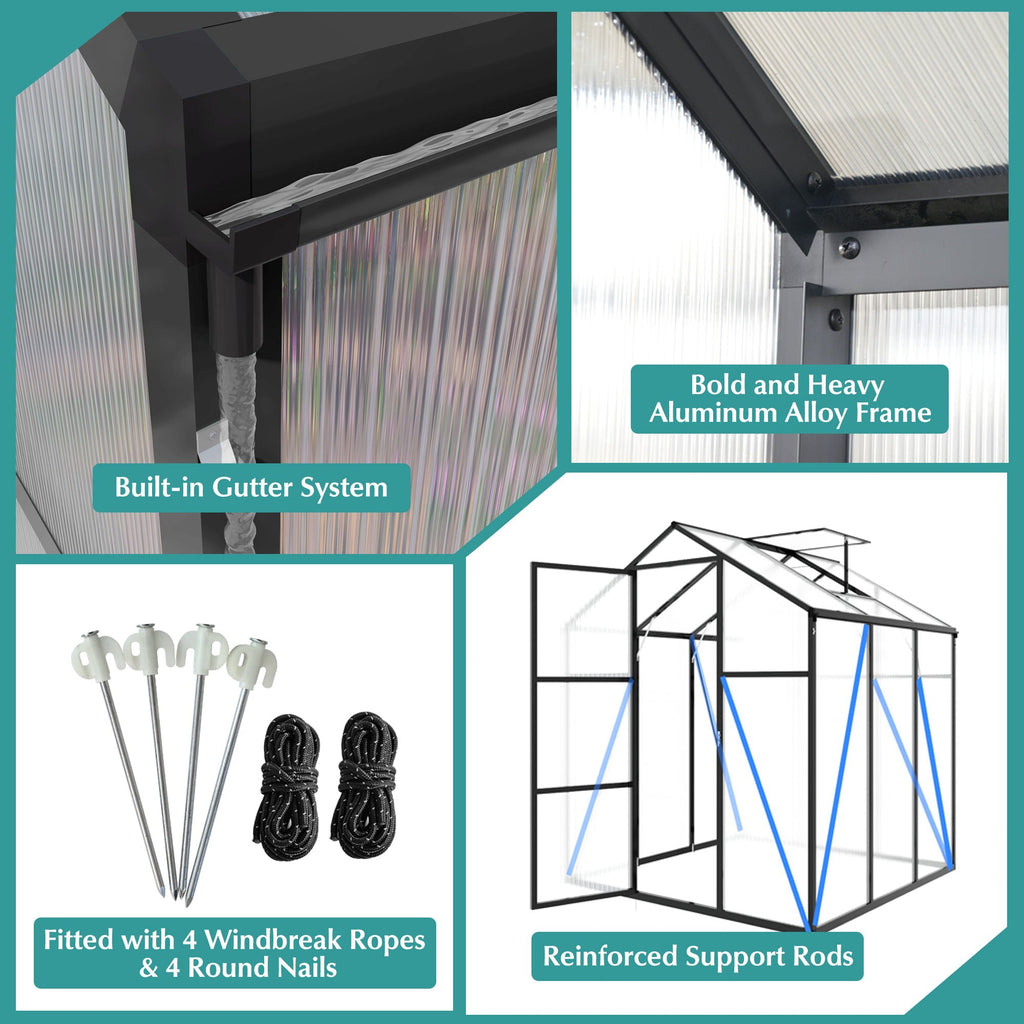 Windproof Greenhouse with Raised Base - Polycarbonate Panels - Black